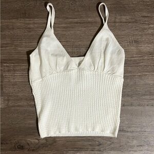 Cream Ribbed Knit V Neck Tank Top